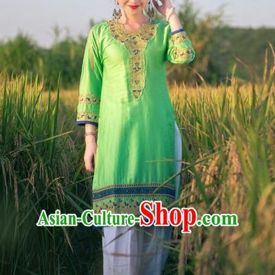 South Asian India Traditional Punjabi Costumes Asia Indian National Green Blouse and Pants for Women