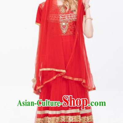 South Asian India Traditional Red Costumes Asia Indian National Punjabi Dress and Pants for Women