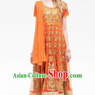 South Asian India Traditional Yoga Costumes Asia Indian National Punjabi Orange Dress and Pants for Women