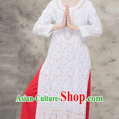 South Asian India Traditional Yoga White Lace Dress Asia Indian National Punjabi Suit Costume for Women