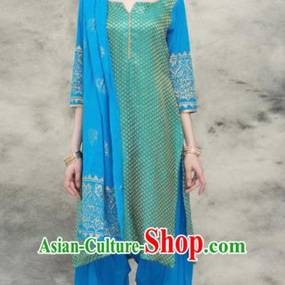 South Asian India Traditional Yoga Dress Asia Indian National Blue Punjabi Suit Costume for Women