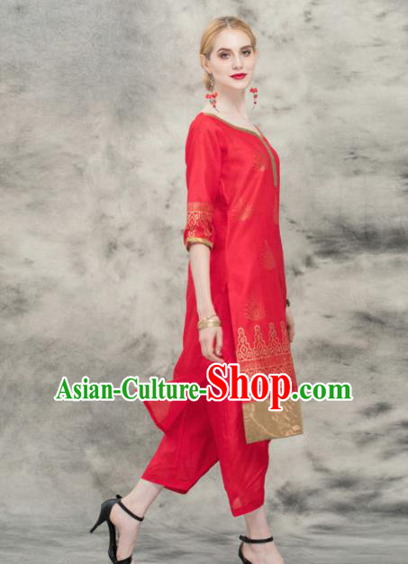 South Asian India Traditional Yoga Dress Asia Indian National Red Punjabi Suit Costume for Women