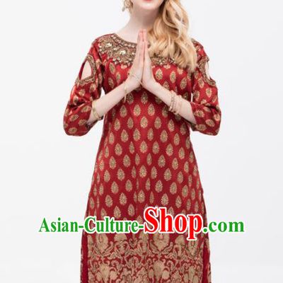 South Asian India Traditional Purplish Red Dress Asia Indian National Punjabi Suit Costume for Women