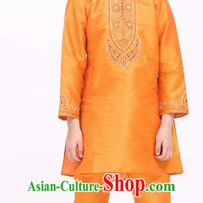 South Asian India Traditional Costume Orange Shirt and Pants Asia Indian National Suit for Kids