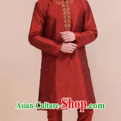 South Asian India Traditional Costume Red Coat and Pants Asia Indian National Suit for Men