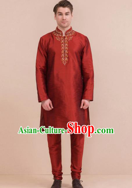 South Asian India Traditional Costume Red Coat and Pants Asia Indian National Suit for Men