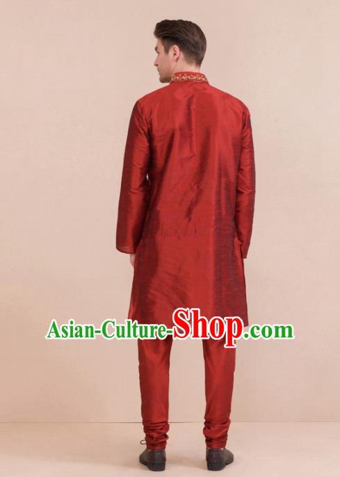 South Asian India Traditional Costume Red Coat and Pants Asia Indian National Suit for Men