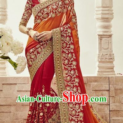 Asian India Traditional Wedding Embroidered Sari Dress Indian Bollywood Court Bride Costume for Women
