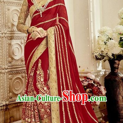 Asian India Traditional Wedding Embroidered Wine Red Sari Dress Indian Bollywood Court Bride Costume for Women