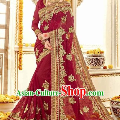 Asian India Traditional Court Wedding Sari Dress Indian Bollywood Bride Amaranth Costume for Women
