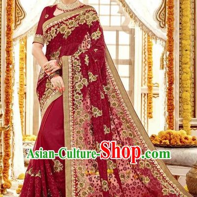 Asian India Traditional Court Wedding Sari Dress Indian Bollywood Bride Wine Red Costume for Women
