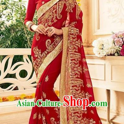 Asian India Traditional Red Sari Dress Indian Bollywood Court Queen Nobility Bride Costume for Women
