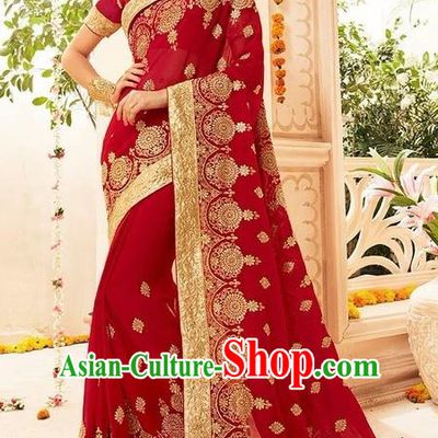 Asian India Traditional Wine Red Sari Dress Indian Bollywood Court Queen Nobility Bride Costume for Women