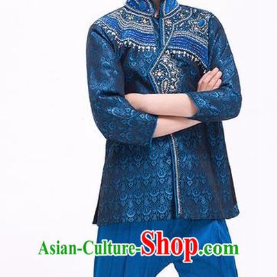 South Asian India Traditional Costume Navy Shirt and Pants Asia Indian National Suit for Kids