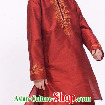 South Asian India Traditional Costume Purplish Red Shirt and Pants Asia Indian National Suit for Kids