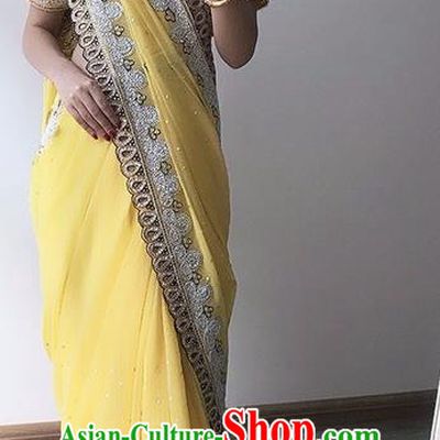 Indian Traditional Court Princess Yellow Sari Dress Asian India Bollywood Embroidered Costume for Women