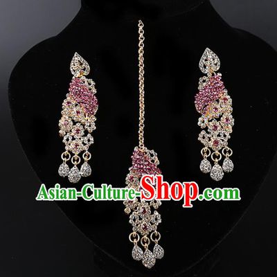 Asian India Traditional Wedding Jewelry Accessories Indian Bollywood Purple Crystal Earrings and Eyebrows Pendant for Women
