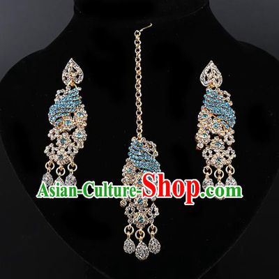 Asian India Traditional Wedding Jewelry Accessories Indian Bollywood Blue Crystal Earrings and Eyebrows Pendant for Women