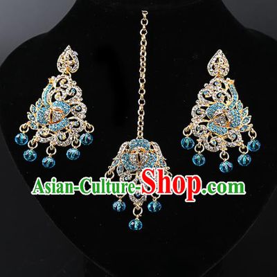 Asian India Traditional Wedding Jewelry Accessories Indian Bollywood Blue Crystal Tassel Earrings and Eyebrows Pendant for Women