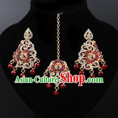 Asian India Traditional Wedding Jewelry Accessories Indian Bollywood Red Crystal Tassel Earrings and Eyebrows Pendant for Women