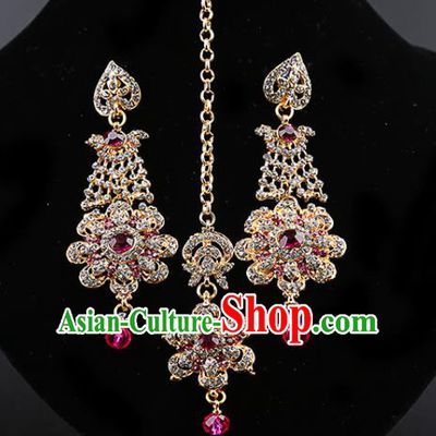 India Traditional Wedding Jewelry Accessories Indian Bollywood Rosy Crystal Tassel Earrings and Eyebrows Pendant for Women