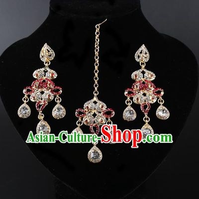 India Traditional Jewelry Accessories Indian Bollywood Princess Red Crystal Tassel Earrings and Eyebrows Pendant for Women