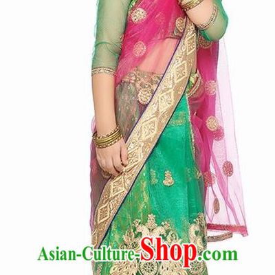 South Asian India Traditional Costume Asia Indian National Green Sari Dress for Kids