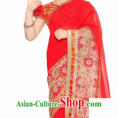 South Asian India Traditional Red Costume Asia Indian National Sari Dress for Kids