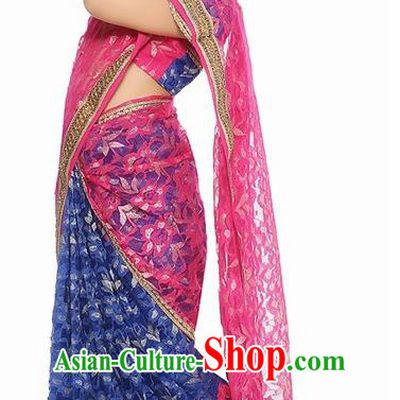 South Asian India Traditional Costume Asia Indian National Royalblue Sari Dress for Kids