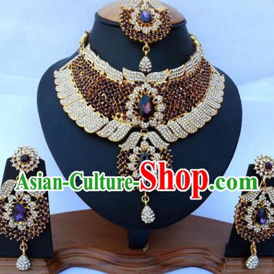 Asian India Traditional Purple Crystal Jewelry Accessories Indian Bollywood Necklace Earrings and Headwear for Women