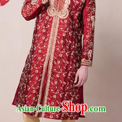 South Asian India Traditional Wedding Costume Asia Indian National Bridegroom Wine Red Suits for Men