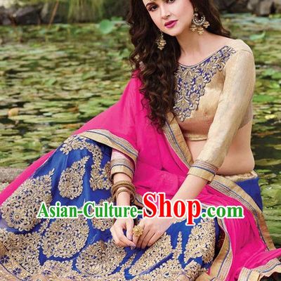 Asian India Traditional Bride Embroidered Royalblue Sari Dress Indian Bollywood Court Queen Costume for Women
