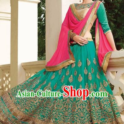 Asian India Traditional Bride Embroidered Green Sari Dress Indian Bollywood Court Queen Costume for Women