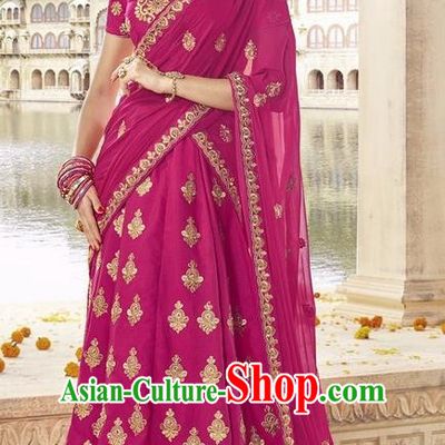 Asian India Traditional Bride Embroidered Rosy Sari Dress Indian Bollywood Court Queen Costume Complete Set for Women
