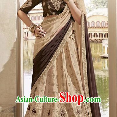 Asian India Traditional Bride Embroidered Khaki Sari Dress Indian Bollywood Court Queen Costume Complete Set for Women