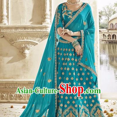 Asian India Traditional Bride Embroidered Blue Sari Dress Indian Bollywood Court Queen Costume Complete Set for Women