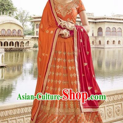 Asian India Traditional Bride Embroidered Orange Sari Dress Indian Bollywood Court Queen Costume Complete Set for Women