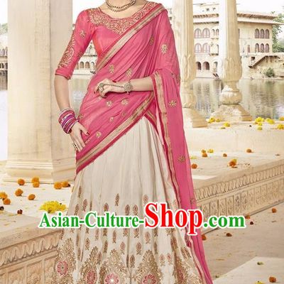 Asian India Traditional Bride Embroidered Beige Sari Dress Indian Bollywood Court Queen Costume Complete Set for Women