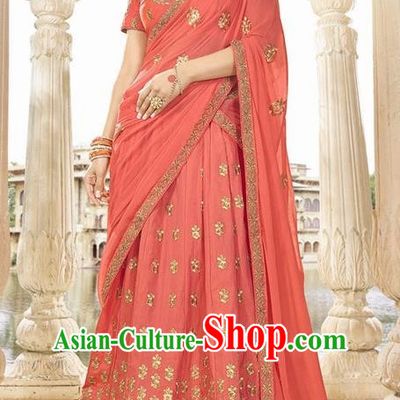 Asian India Traditional Bride Embroidered Watermelon Red Sari Dress Indian Bollywood Court Queen Costume Complete Set for Women