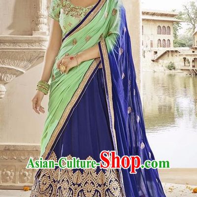 Asian India Traditional Bride Embroidered Royalblue Sari Dress Indian Bollywood Court Queen Costume Complete Set for Women