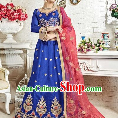 Asian India Traditional Wedding Bride Embroidered Royalblue Sari Dress Indian Bollywood Court Queen Costume Complete Set for Women