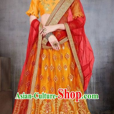 Asian India Traditional Wedding Bride Embroidered Orange Sari Dress Indian Bollywood Court Queen Costume Complete Set for Women