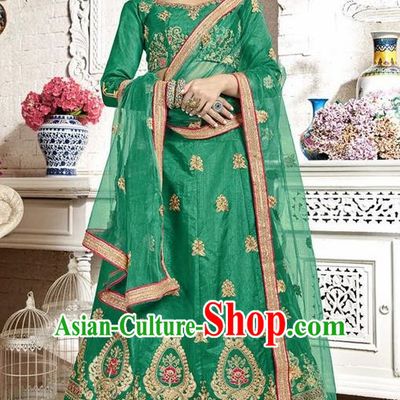 Asian India Traditional Wedding Bride Embroidered Green Sari Dress Indian Bollywood Court Queen Costume Complete Set for Women
