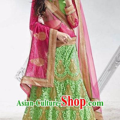 Asian India Traditional Wedding Bride Embroidered Green Lace Sari Dress Indian Bollywood Court Queen Costume Complete Set for Women