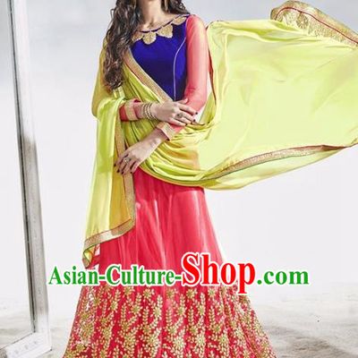 Asian India Traditional Wedding Bride Embroidered Rosy Lace Sari Dress Indian Bollywood Court Queen Costume Complete Set for Women