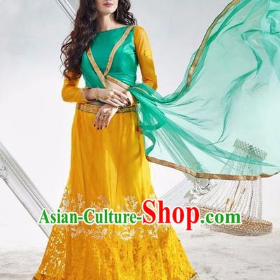Asian India Traditional Wedding Bride Embroidered Yellow Lace Sari Dress Indian Bollywood Court Queen Costume Complete Set for Women