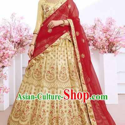 Asian India Traditional Wedding Bride Embroidered Golden Sari Dress Indian Bollywood Court Queen Costume Complete Set for Women