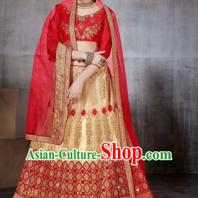 Asian India Traditional Wedding Embroidered Golden Sari Dress Indian Bollywood Court Bride Costume Complete Set for Women