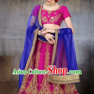 Asian India Traditional Wedding Embroidered Rosy Sari Dress Indian Bollywood Court Bride Costume Complete Set for Women