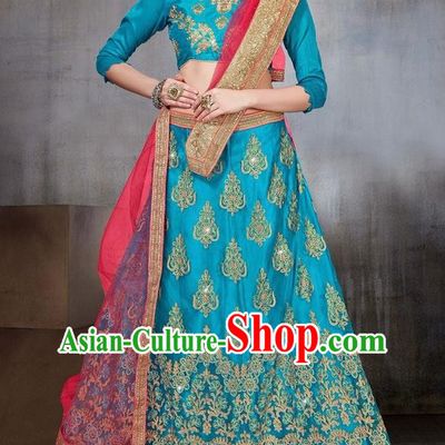 Asian India Traditional Wedding Embroidered Blue Sari Dress Indian Bollywood Court Bride Costume Complete Set for Women